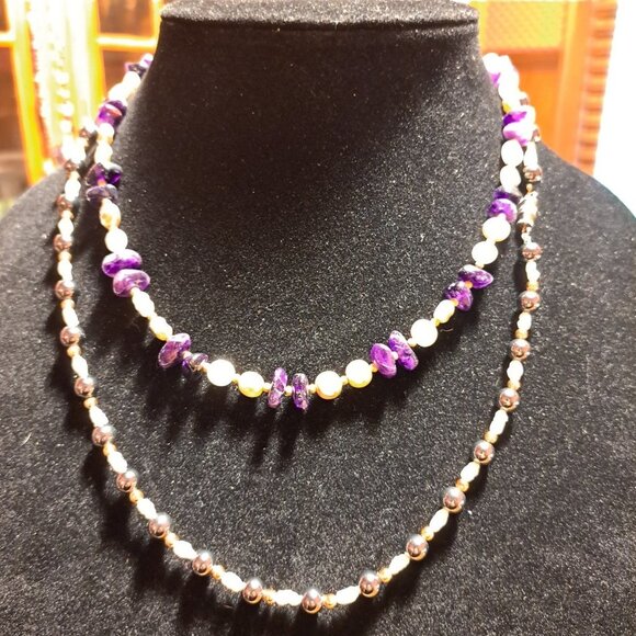 Amethyst, hematite, and pearl Necklace set 16" and 20" - Picture 1 of 4